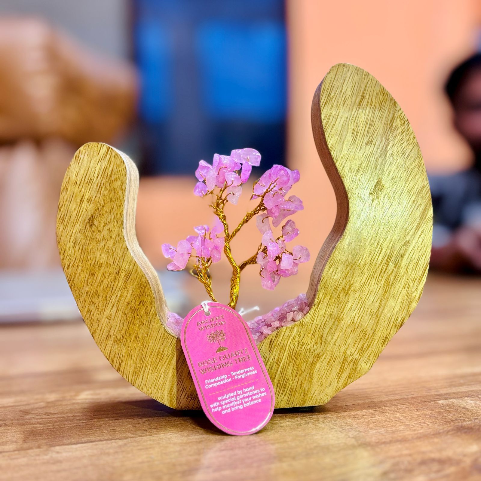 Jardín de Árbol de cuarzo rosa - Anillo Abierto de Madera de Mango -