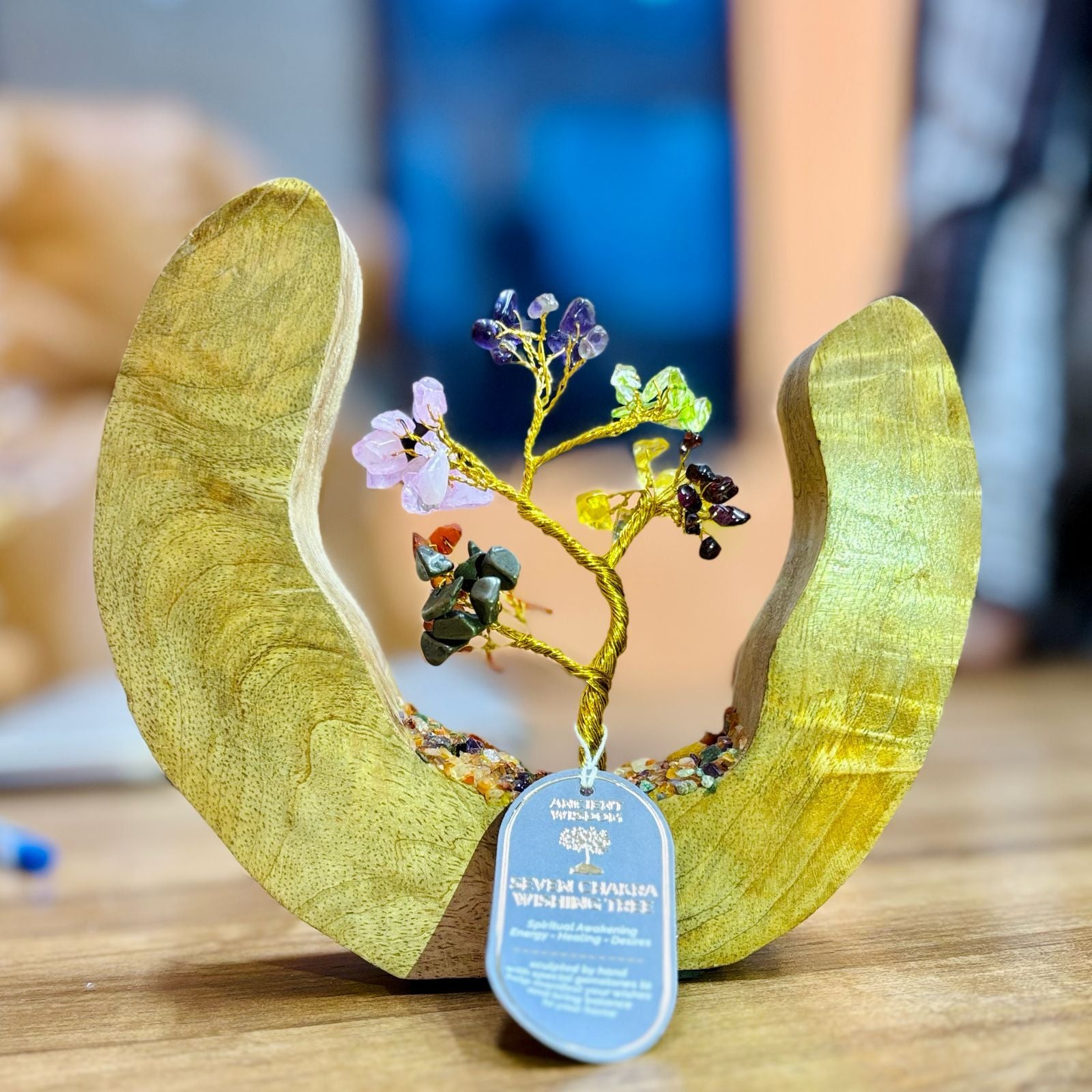 Jardín del Árbol de Piedras Preciosas - Anillo Abierto de Madera de Mango - Siete Chakras